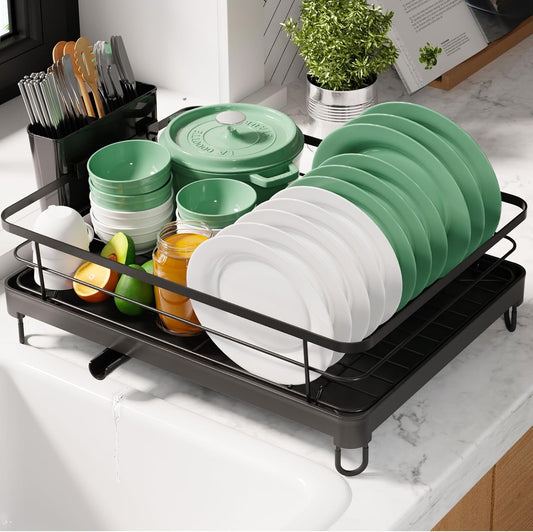 Dish Drying Rack for Kitchen Counter, 12"W x 15.5"L, Stainless Steel with Cutlery Holder, Black