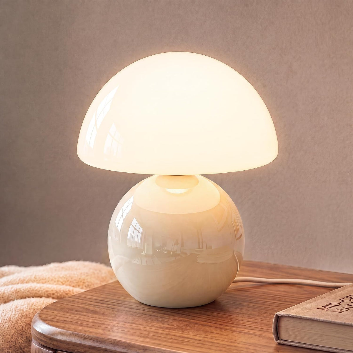 Mushroom Table Lamp for Bedroom, White Ceramic & Glass Shade, 8.7" Mid-Century Modern Decor