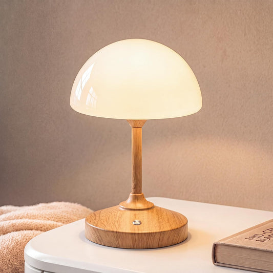 Mushroom Table Lamp for Bedroom, White Ceramic & Glass Shade, 8.7" Mid-Century Modern Decor