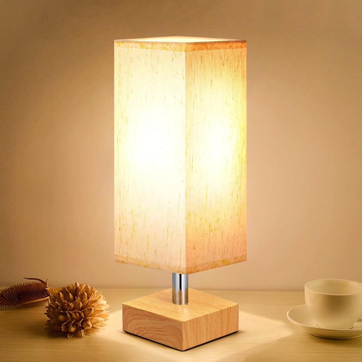 Small Bedside Table Lamp with Square Cream Fabric Shade, Inline Rocker Switch, 12.8"H