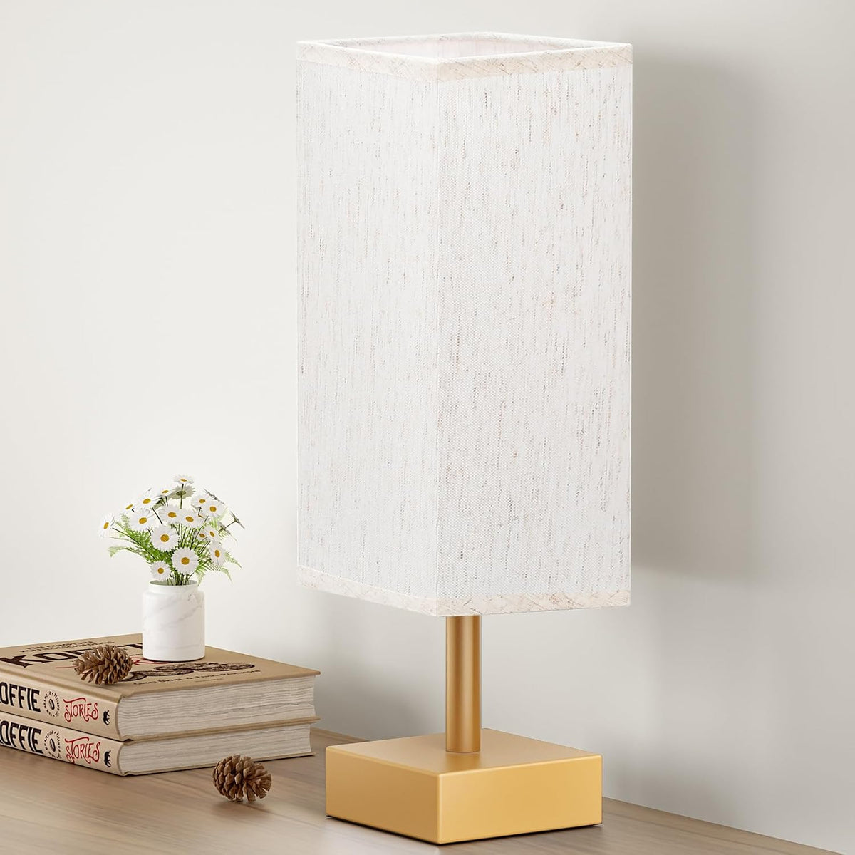 Small Bedside Table Lamp with Square Cream Fabric Shade, Inline Rocker Switch, 12.8"H