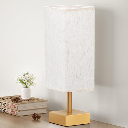 Small Bedside Table Lamp with Square Cream Fabric Shade, Inline Rocker Switch, 12.8"H