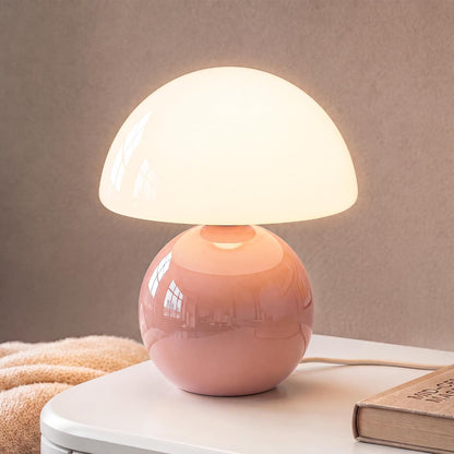 Mushroom Table Lamp for Bedroom, White Ceramic & Glass Shade, 8.7" Mid-Century Modern Decor