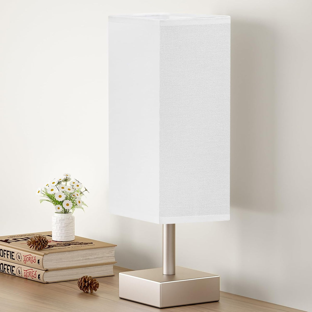Small Bedside Table Lamp with Square Cream Fabric Shade, Inline Rocker Switch, 12.8"H