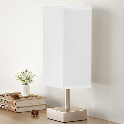 Small Bedside Table Lamp with Square Cream Fabric Shade, Inline Rocker Switch, 12.8"H