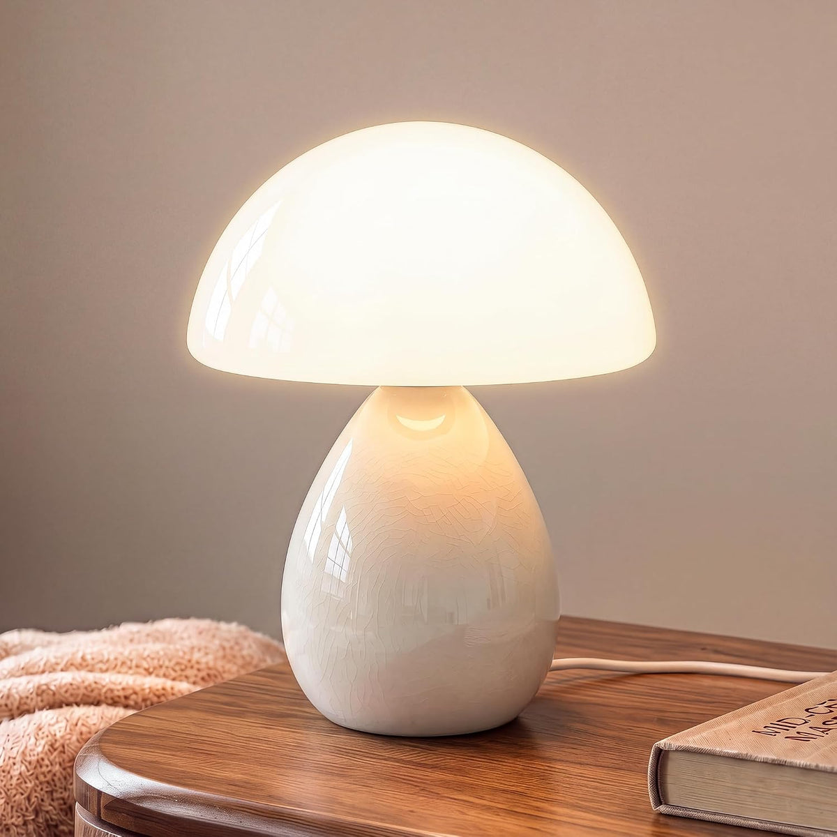 Mushroom Table Lamp for Bedroom, White Ceramic & Glass Shade, 8.7" Mid-Century Modern Decor