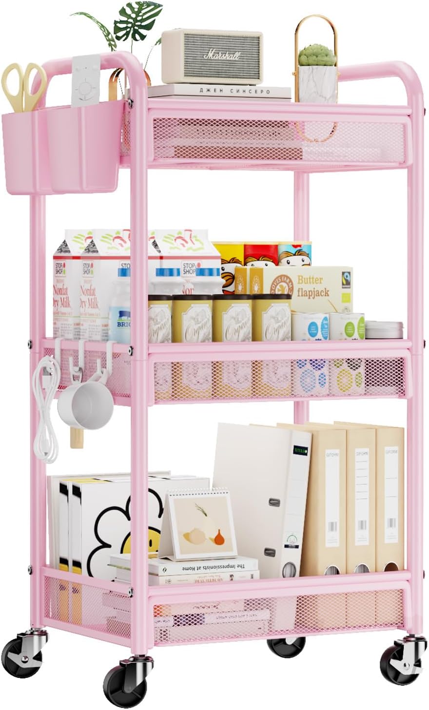 3-Tier Metal Rolling Cart – Mesh Storage with Wheels, Hooks & Cups