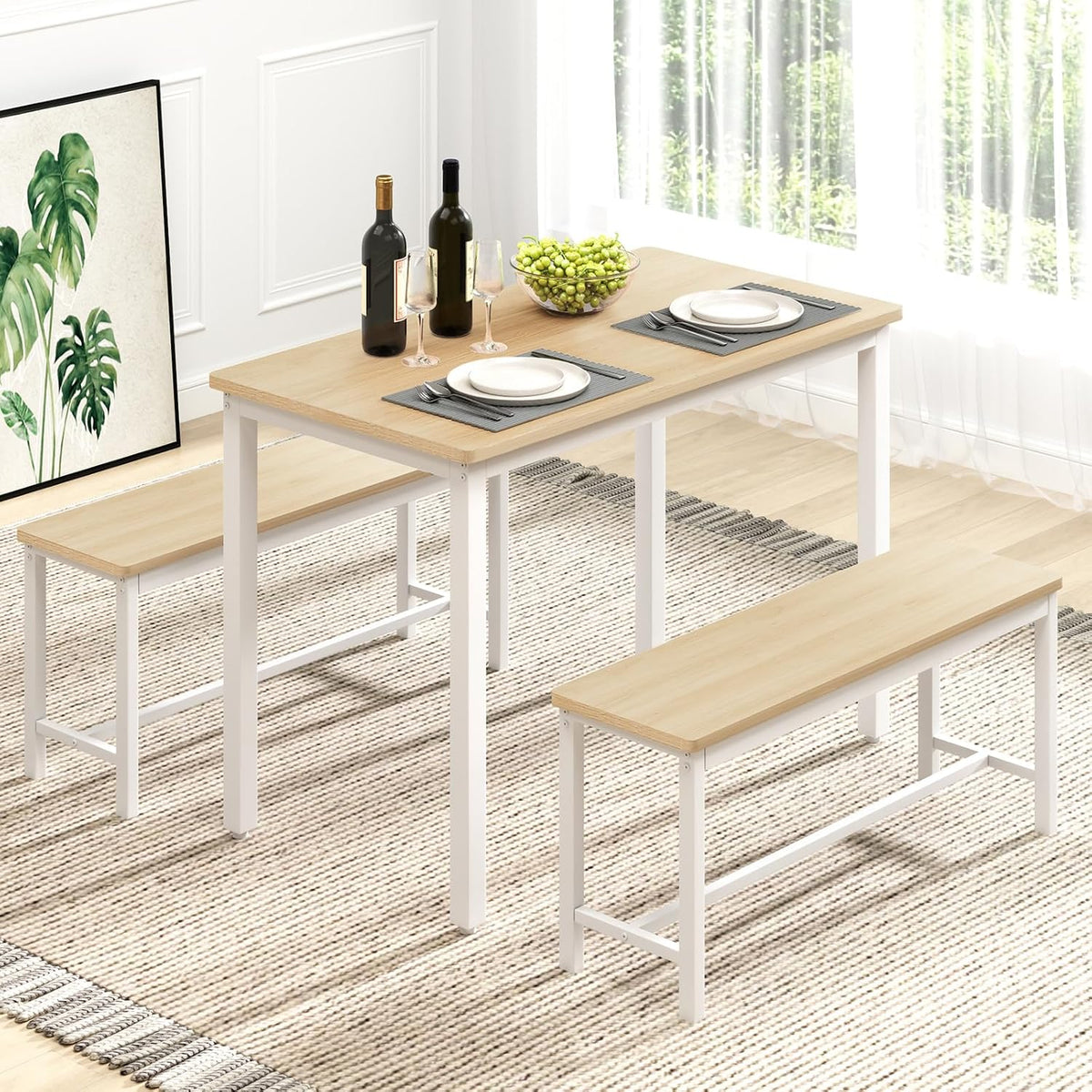 Dining Table Set for 4 with 2 Benches, Space-Saving Kitchen & Breakfast Table, Adjustable Feet, Brown