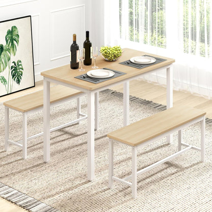 Dining Table Set for 4 with 2 Benches, Space-Saving Kitchen & Breakfast Table, Adjustable Feet, Brown