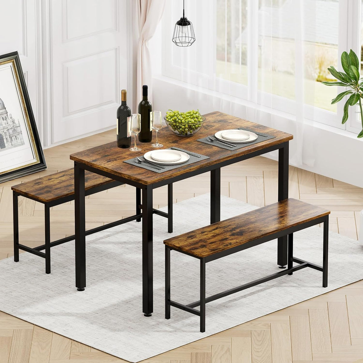 Dining Table Set for 4 with 2 Benches, Space-Saving Kitchen & Breakfast Table, Adjustable Feet, Brown