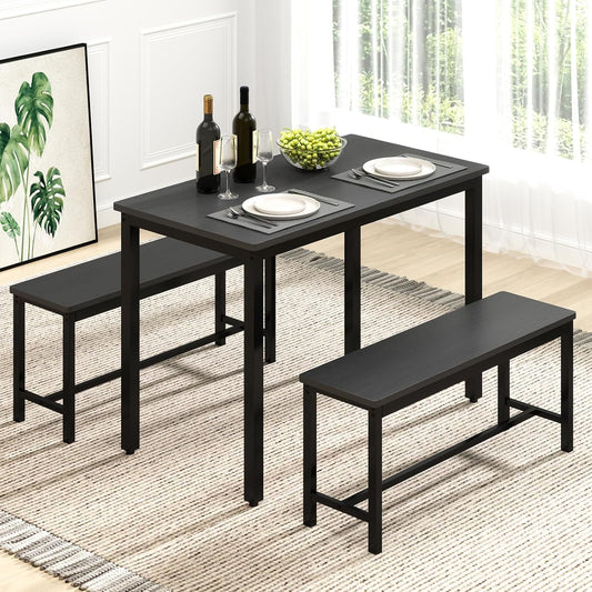Dining Table Set for 4 with 2 Benches, Space-Saving Kitchen & Breakfast Table, Adjustable Feet, Brown