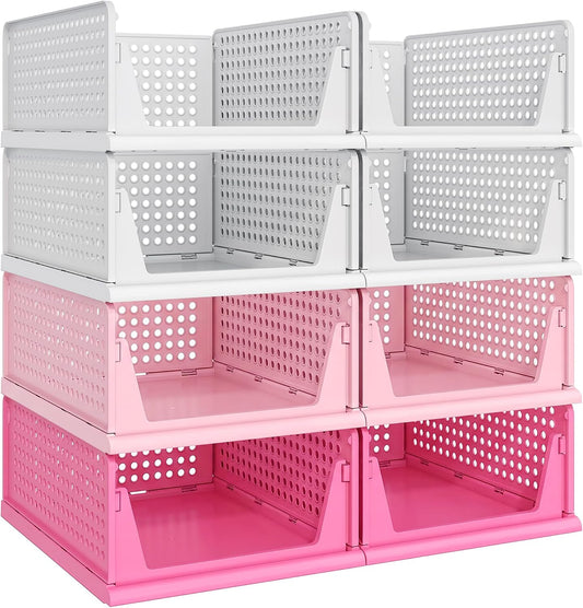 6-Pack Stackable Closet Storage Bins, Plastic Drawer Shelf & Baskets, Foldable, White