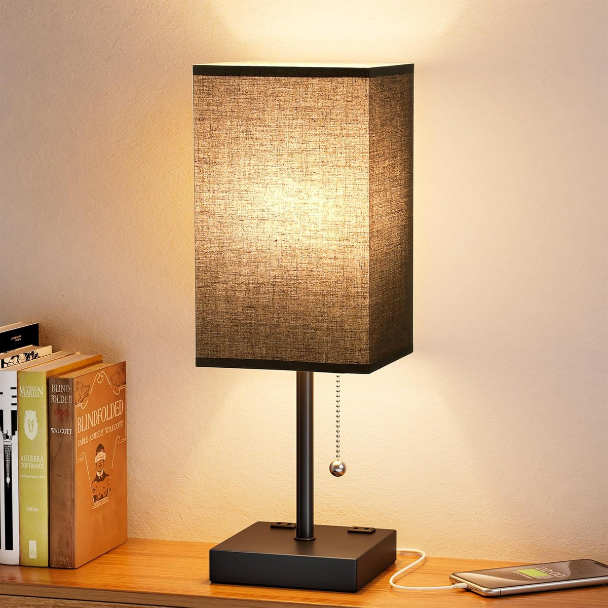 Small Bedside Table Lamp with Square Cream Fabric Shade, Inline Rocker Switch, 12.8"H