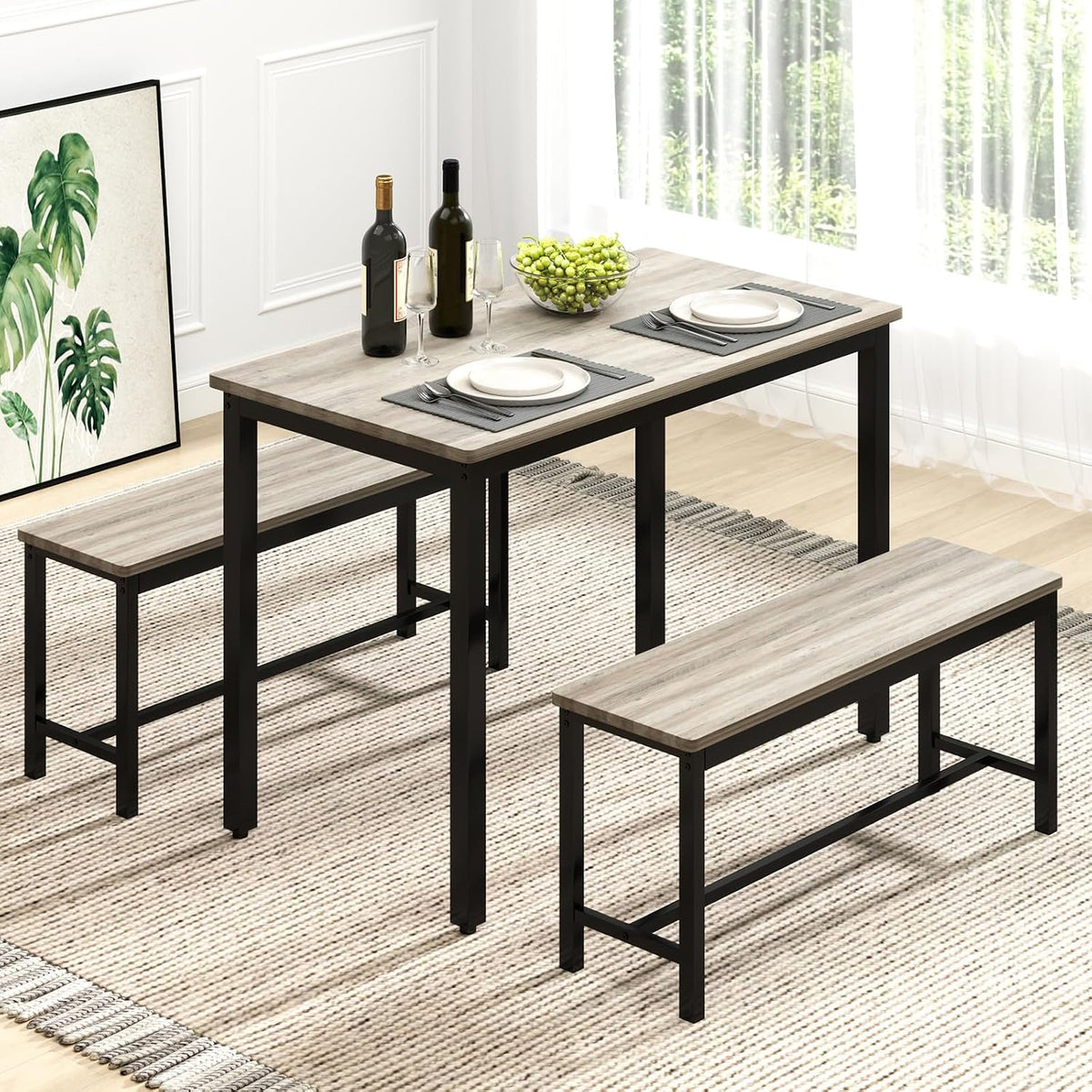 Dining Table Set for 4 with 2 Benches, Space-Saving Kitchen & Breakfast Table, Adjustable Feet, Brown