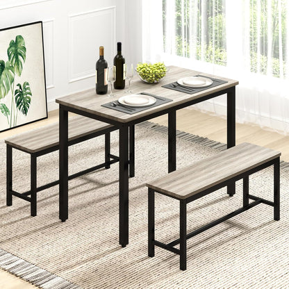 Dining Table Set for 4 with 2 Benches, Space-Saving Kitchen & Breakfast Table, Adjustable Feet, Brown