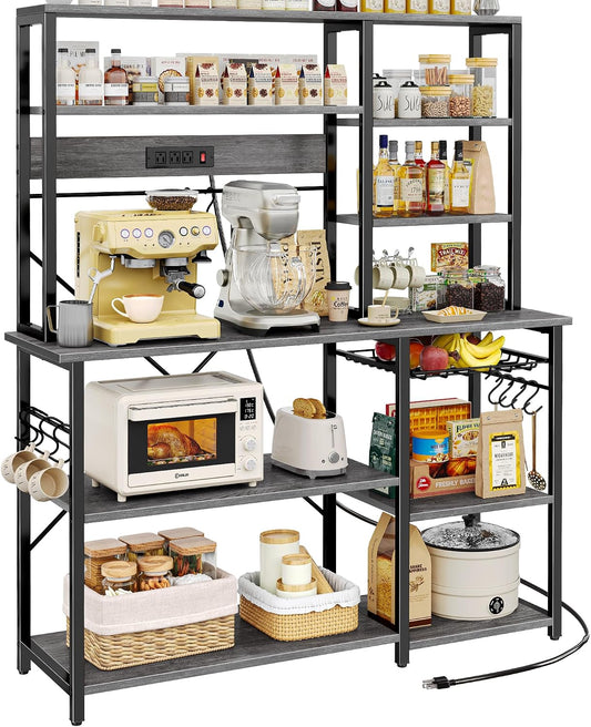 39.6" Bakers Rack with Power Outlets, 6-Tier Kitchen Shelf & Coffee Bar, Rustic Brown