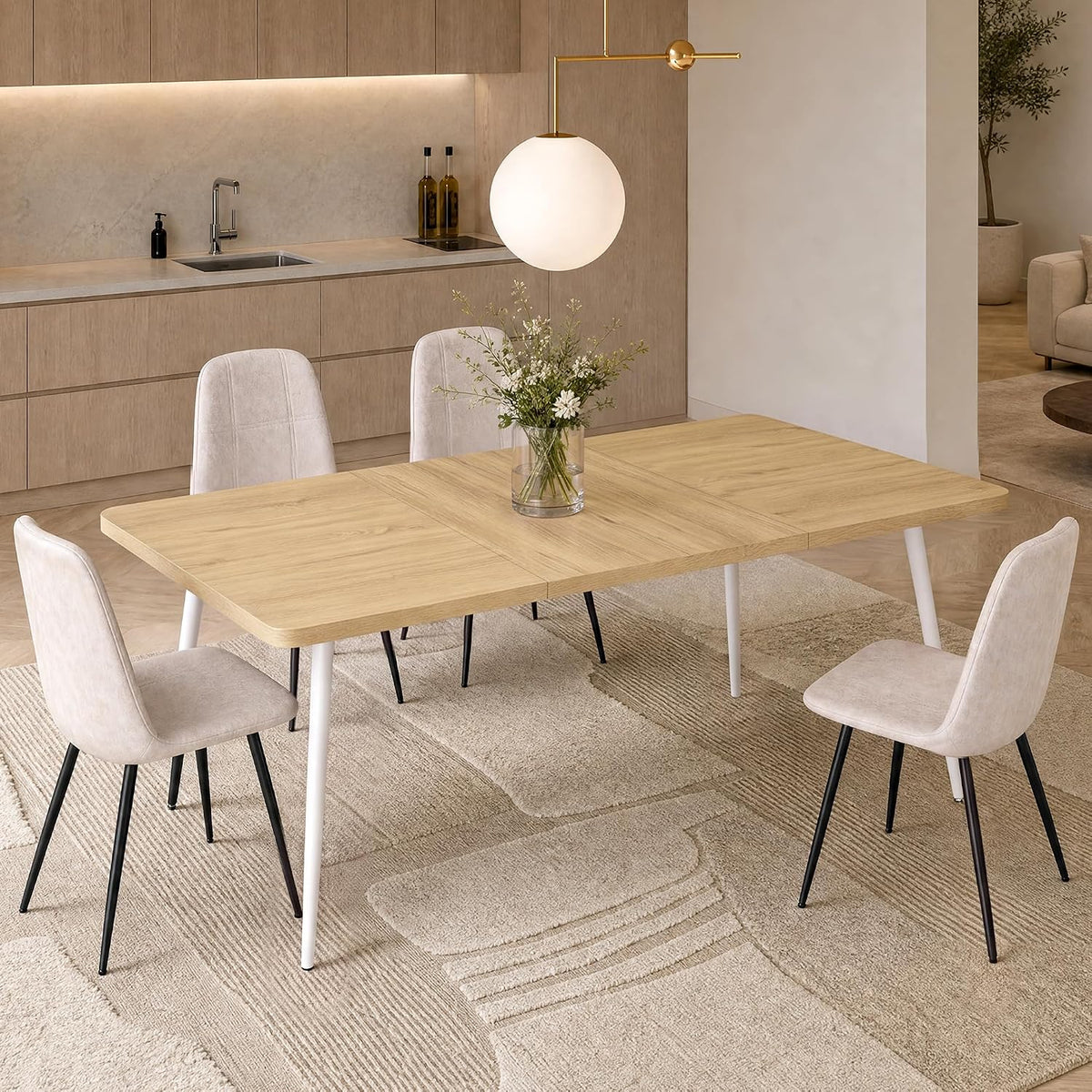 Extendable Dining Table for 4-8 People, 50.1"-70.9" Solid Wood Legs, Mid-Century Modern, Honey Brown