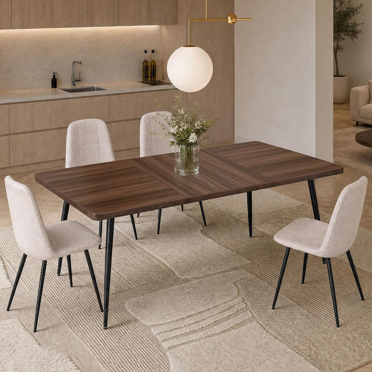 Extendable Dining Table for 4-8 People, 50.1"-70.9" Solid Wood Legs, Mid-Century Modern, Honey Brown